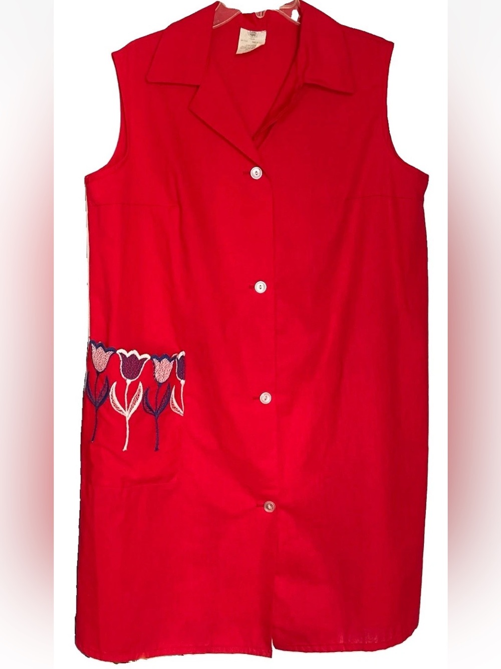 Vintage 70s Union Made Red Cotton House Dress Tulip Appliqué Sleeveless Size 44